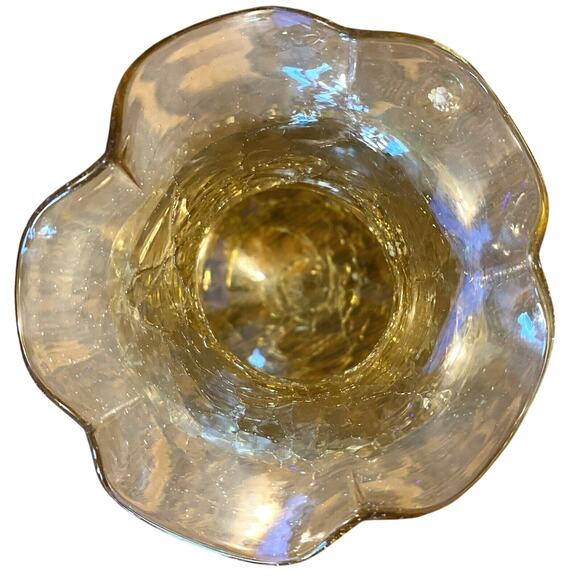 Vintage Hand Blown Amber Crackle Glass Vase Ruffled Rim MCM 4 1/2” Tall - Picture 3 of 7